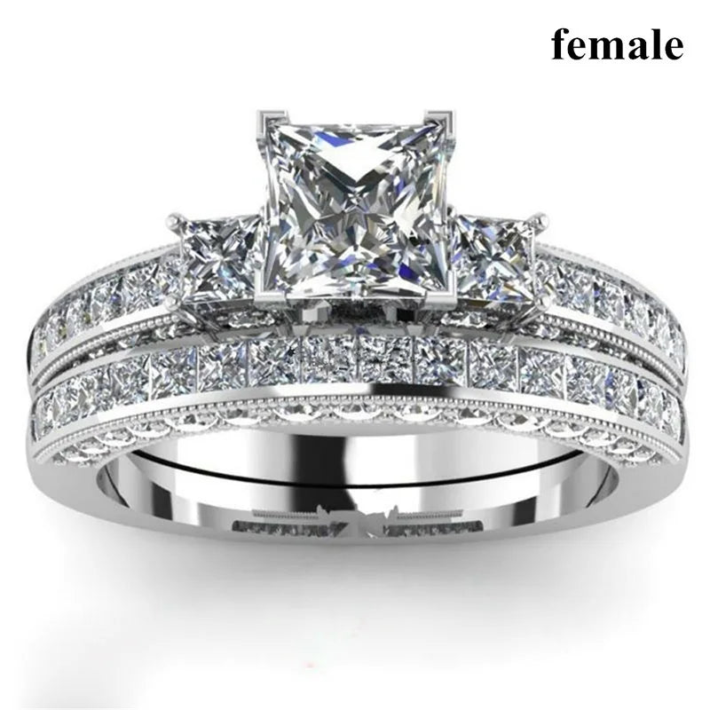 Square Zircon Wedding Engagement Ring Set & Stainless Steel Silver Groov
