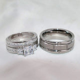 Square Zircon Wedding Engagement Ring Set & Stainless Steel Silver Groov