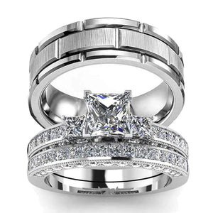 Square Zircon Wedding Engagement Ring Set & Stainless Steel Silver Groov
