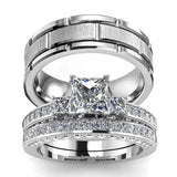 Square Zircon Wedding Engagement Ring Set & Stainless Steel Silver Groov