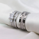 Square Zircon Wedding Engagement Ring Set & Stainless Steel Silver Groov