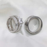 Square Zircon Wedding Engagement Ring Set & Stainless Steel Silver Groov