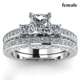 Square Zircon Wedding Engagement Ring Set & Stainless Steel Silver Groov