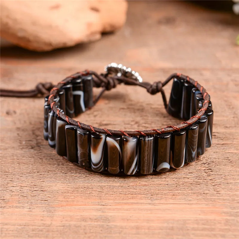 Boho Manhand Tube Shape Leather Wrap Bracelet