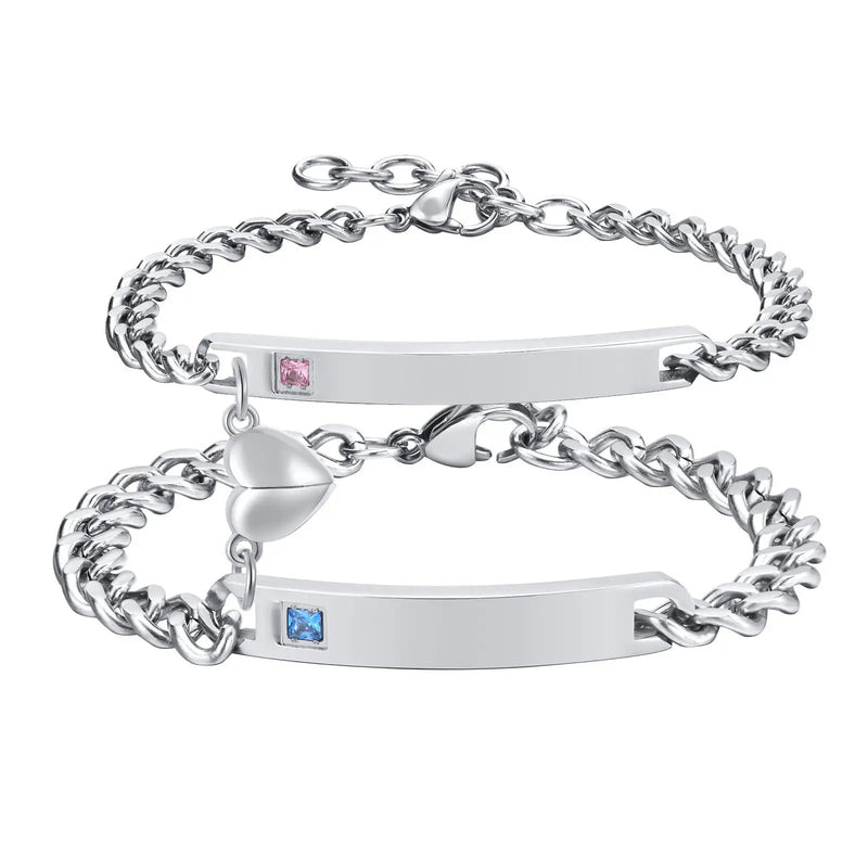 Couples Bracelets Stainless Steel Cuban Chain 2pieces Set Jewelry Engraving