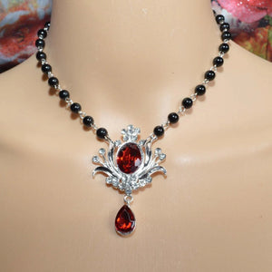 Rhinestone Flower Pendant Necklace Dark Pearl Necklace