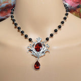 Rhinestone Flower Pendant Necklace Dark Pearl Necklace