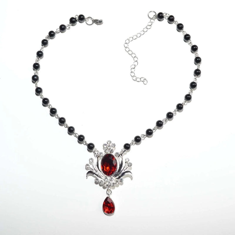 Rhinestone Flower Pendant Necklace Dark Pearl Necklace