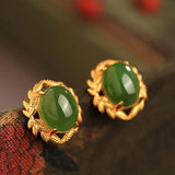 Hotan Jade Green Leaf Stud Earrings for Women