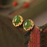 Hotan Jade Green Leaf Stud Earrings for Women