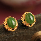 Hotan Jade Green Leaf Stud Earrings for Women