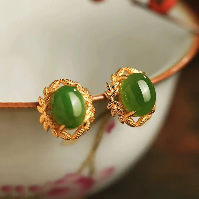 Hotan Jade Green Leaf Stud Earrings for Women