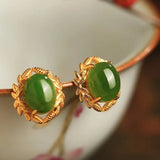 Hotan Jade Green Leaf Stud Earrings for Women
