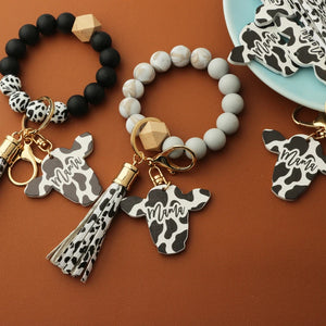 Cow Silicone Beads Leather Tassel Bracelet MAMA Keychain