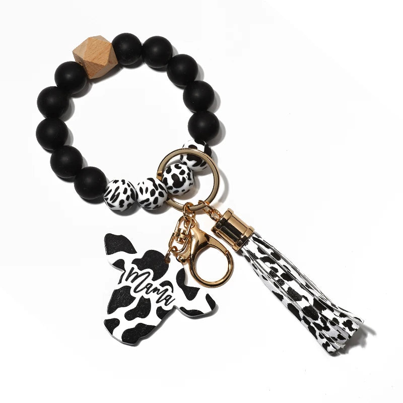 Cow Silicone Beads Leather Tassel Bracelet MAMA Keychain