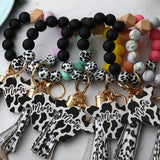 Cow Silicone Beads Leather Tassel Bracelet MAMA Keychain