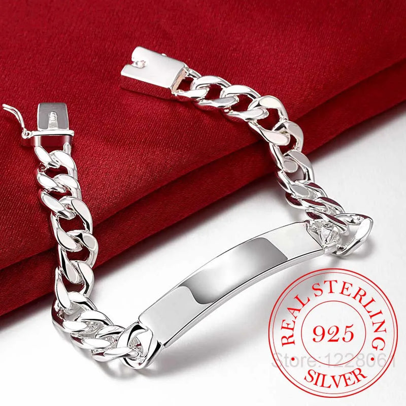 Cow Leather 10MM Sideways Men Bracelet 925 Sterling Silver Jewelry