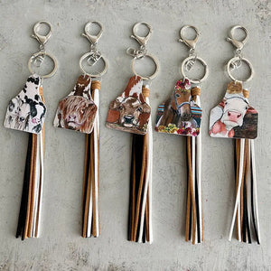 Cow Print Cattle Tag Keychain Western Farm Animal Cow Show Tag and Tassel
