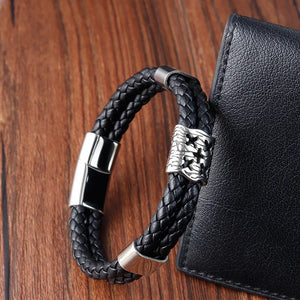 Cowhide Men Stainless Steel Braided Leather Multilayer Bracelet