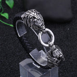 Double Lion Heads Cowhide Bracelet Gothic Wrap Leather Strap Men's Bracelets
