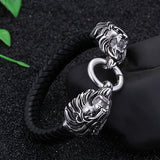 Double Lion Heads Cowhide Bracelet Gothic Wrap Leather Strap Men's Bracelets