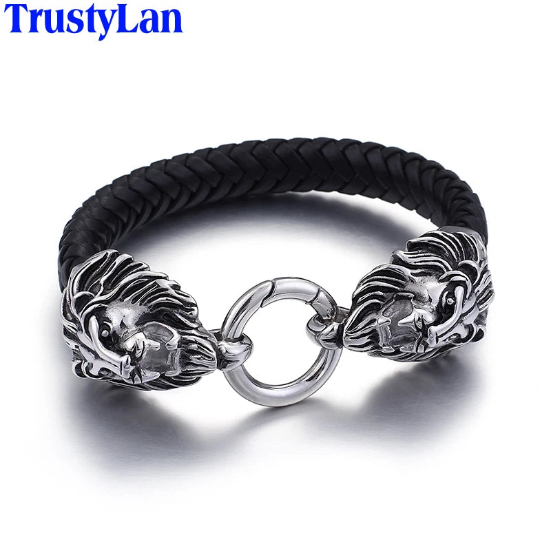 Double Lion Heads Cowhide Bracelet Gothic Wrap Leather Strap Men's Bracelets