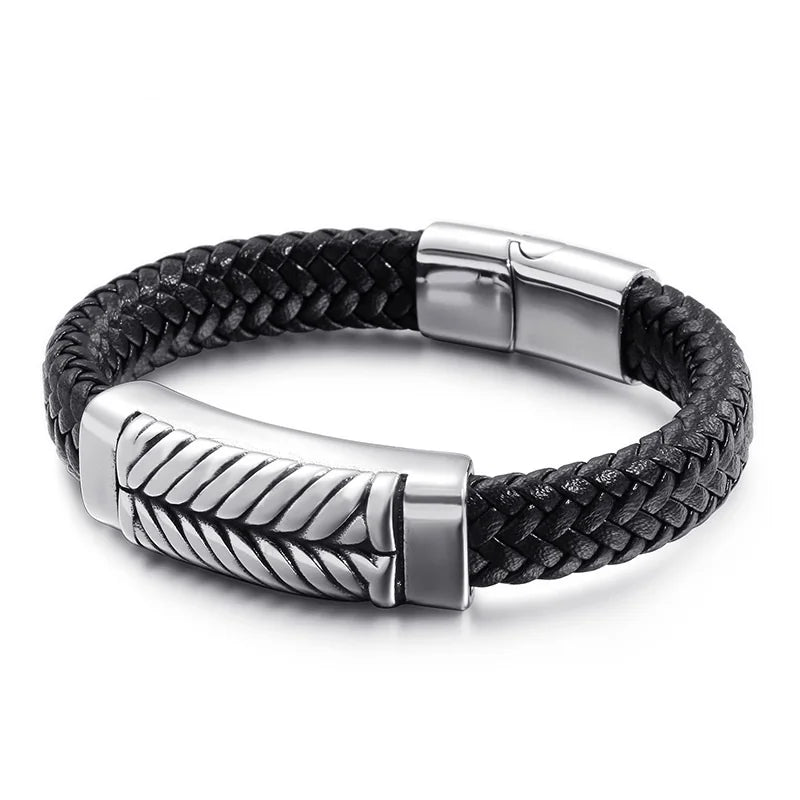Woven Cowhide Men's Leather Bracelet Vintage Steel Jewelry