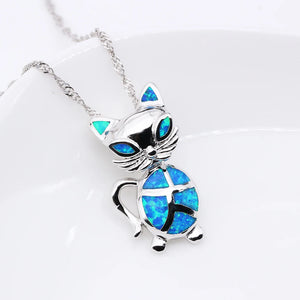 Opal Love Animal Cat Pendant Necklace for Kids