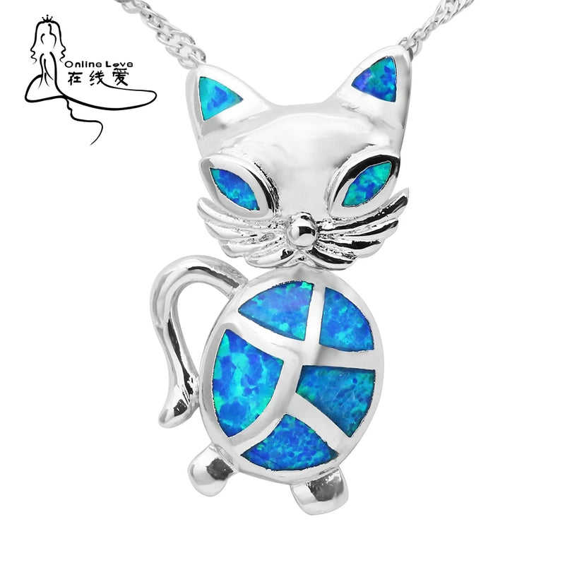 Opal Love Animal Cat Pendant Necklace for Kids