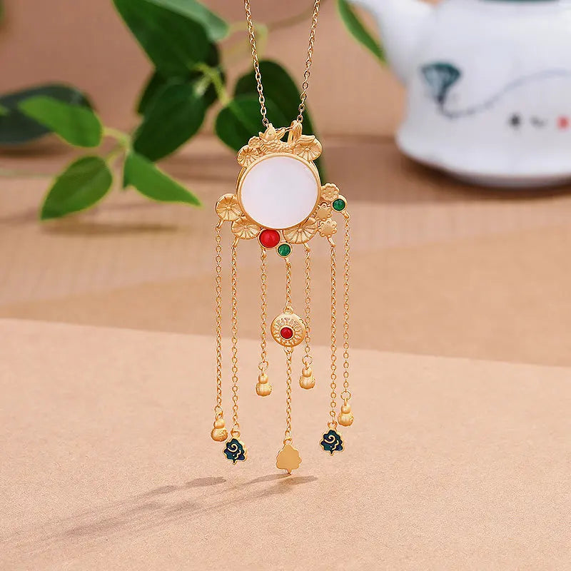 Vintage Hotan Jade Tassel Necklace Enamel Inlay Wedding Jewelry