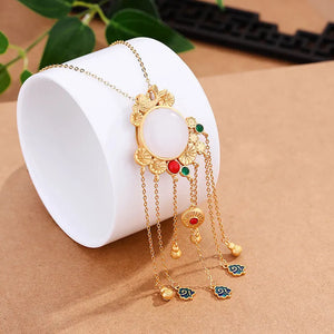 Vintage Hotan Jade Tassel Necklace Enamel Inlay Wedding Jewelry