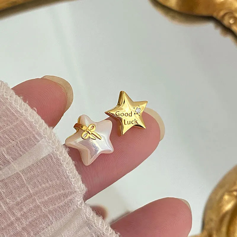 925 Silver Asymmetric Shell Star Stud Earrings Women