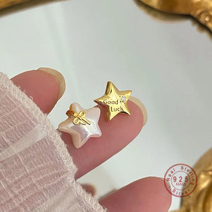 925 Silver Asymmetric Shell Star Stud Earrings Women
