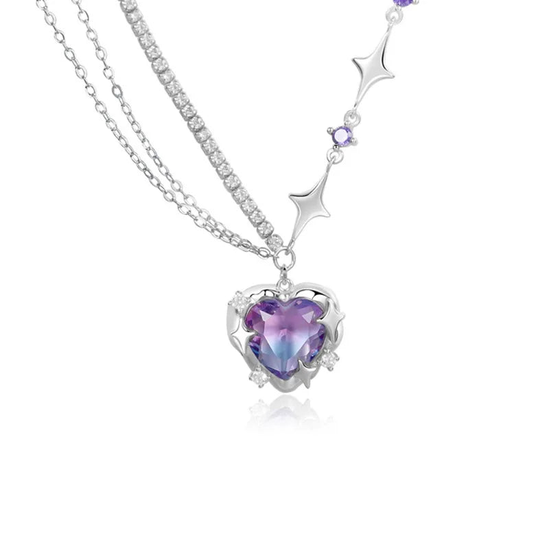 925 Silver Zircon Chain Necklace Heart Pendant