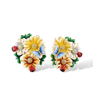 Sparkling Beetle Earring Zircon Flower Stud 925 Silver Party Jewelry
