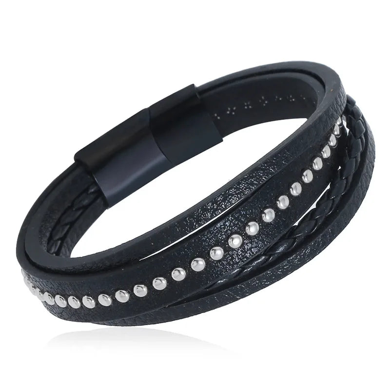 Stainless Steel Men's Leather Bracelet Double PU Bracelet