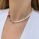 Bohemian Colorful Beads Freshwater Pearl Necklace with Red Mushroom Eyes