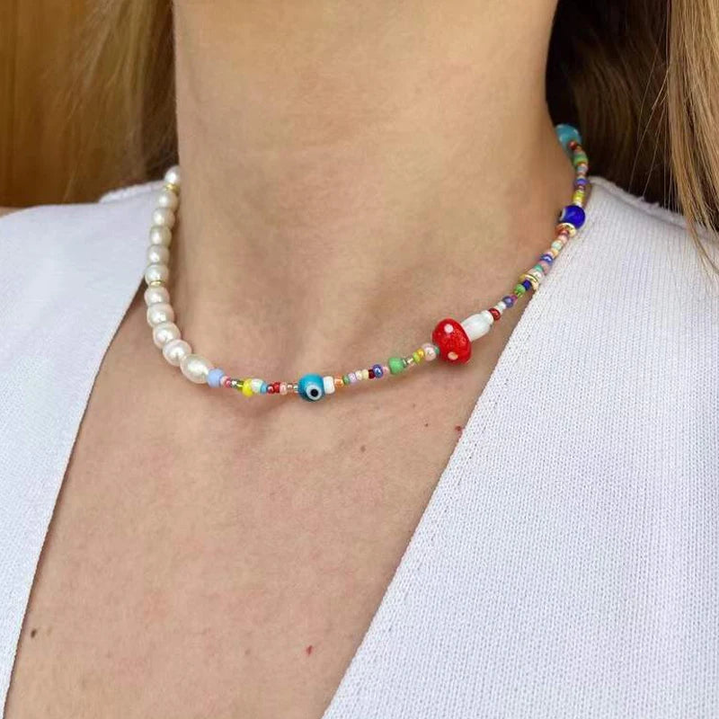 Bohemian Colorful Beads Freshwater Pearl Necklace with Red Mushroom Eyes
