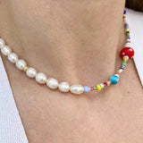 Bohemian Colorful Beads Freshwater Pearl Necklace with Red Mushroom Eyes