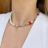 Bohemian Colorful Beads Freshwater Pearl Necklace with Red Mushroom Eyes