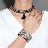 Stylish Magnetic Buckle Leather Bracelet with Rhinestones