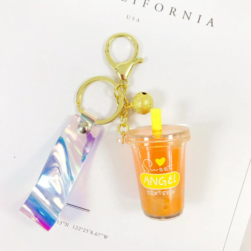 Cartoon Acrylic Milk Tea Cup Keychain Quicksand Car Key Ring Bag Pendant Gift