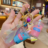 Cartoon Acrylic Milk Tea Cup Keychain Quicksand Car Key Ring Bag Pendant Gift