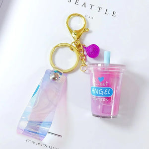 Cartoon Acrylic Milk Tea Cup Keychain Quicksand Car Key Ring Bag Pendant Gift