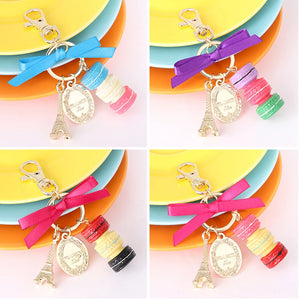 Colorful Macarons Cake Keychain Eiffel Tower Ribbon Bow-Knot Metal Keyring