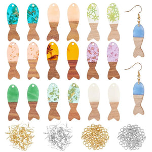 10 Pairs Fish Resin Wood Pendants Brass Earrings Set
