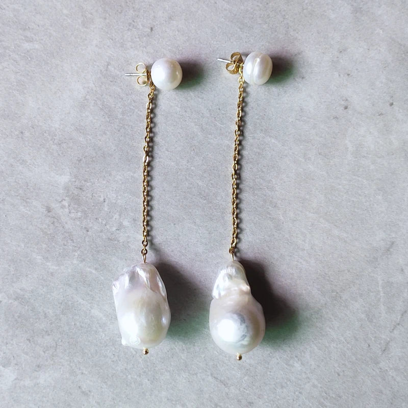 Baroque Pearl Drop Earrings Gold Stainless Steel Chain Pendant Jewelry