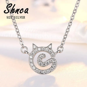 925 Silver Cat Rhinestone Necklace for Women