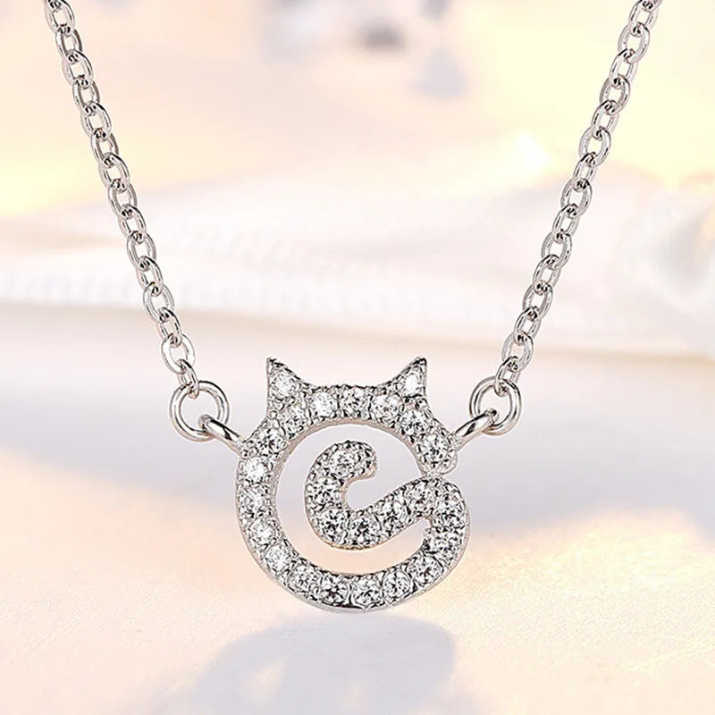 925 Silver Cat Rhinestone Necklace for Women