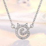 925 Silver Cat Rhinestone Necklace for Women